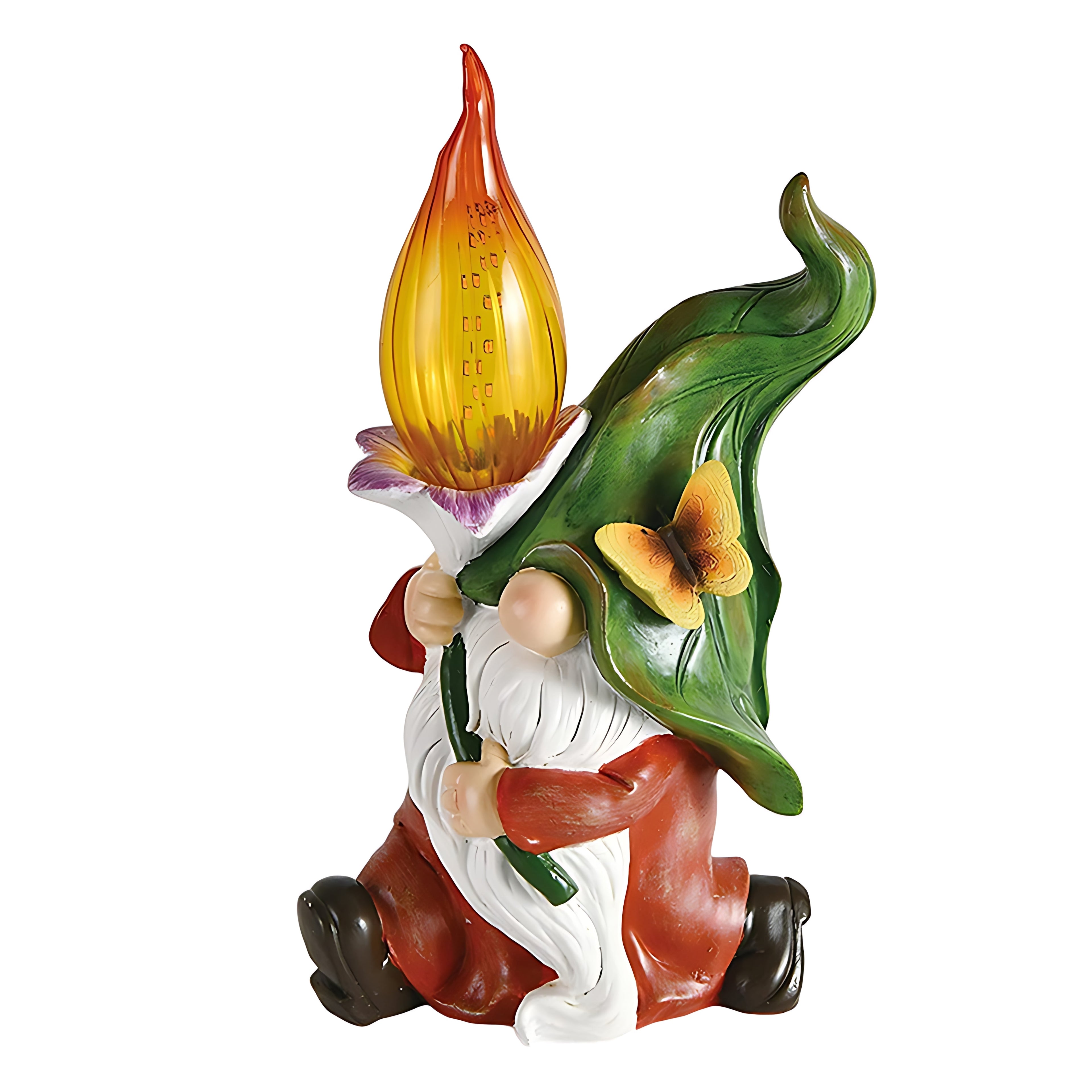 Solar gnomes garden lights with a gnome holding a glowing orange flower.