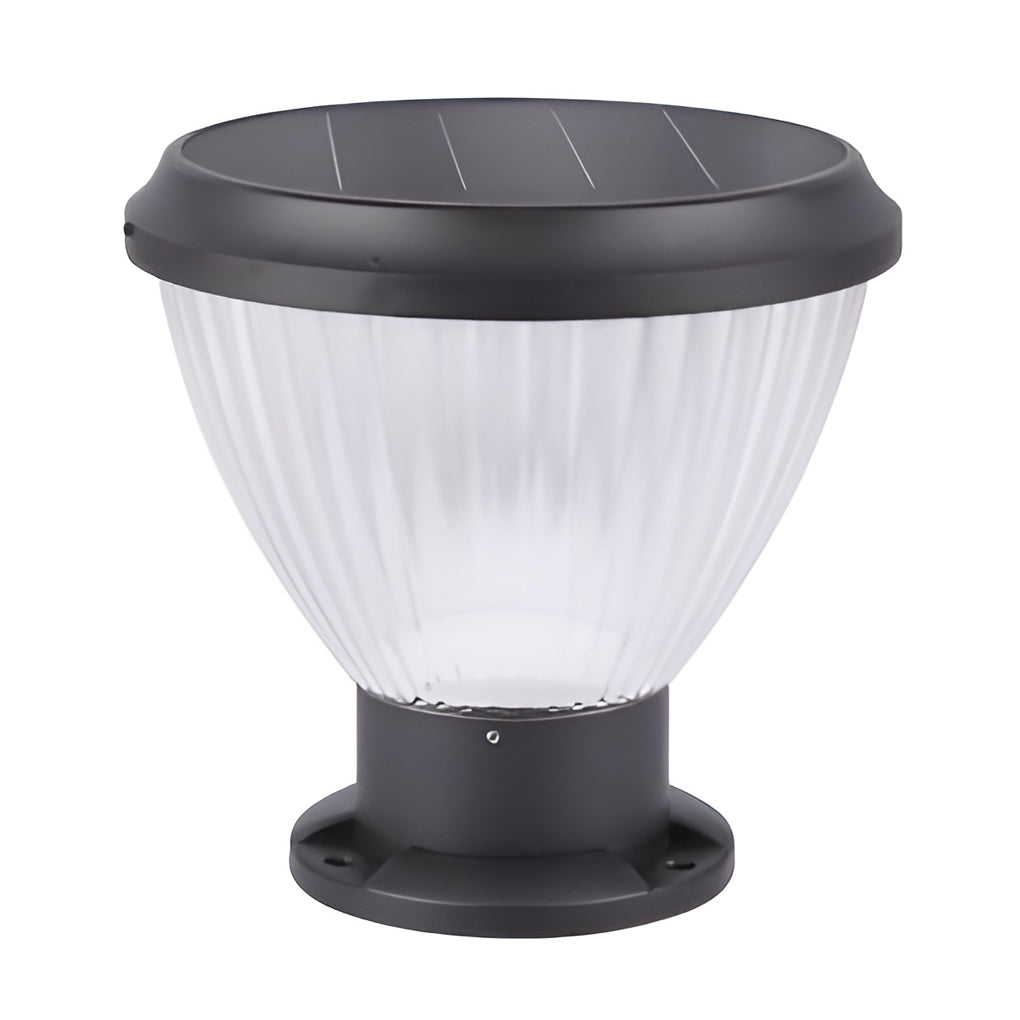 Solar light post cap with technical view of the base and mounting.