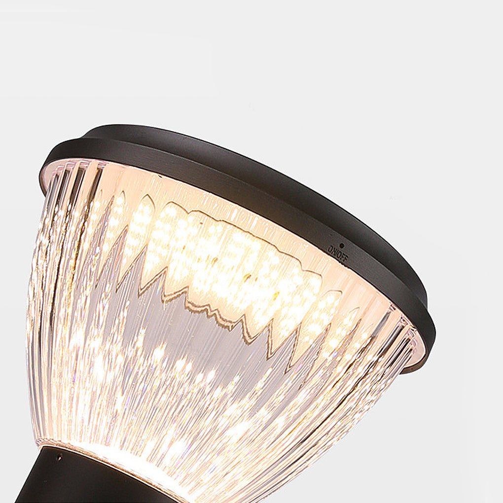 Solar light post cap with detailed view of its solar panel and structure.