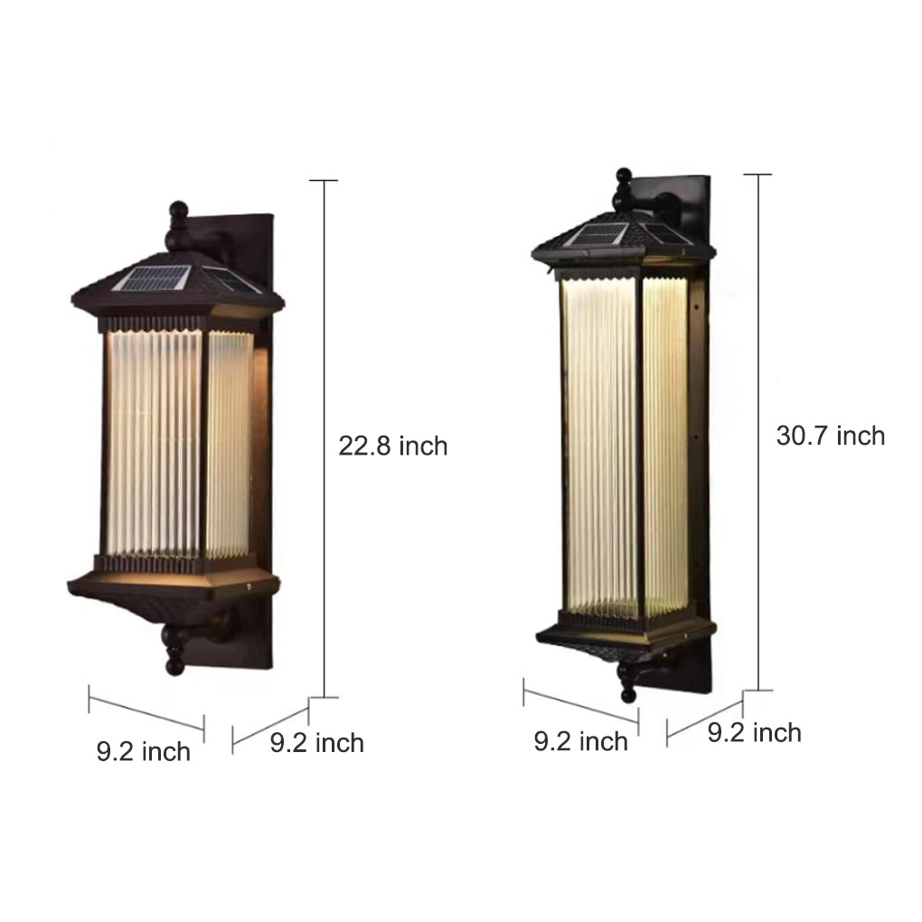Solar outdoor lights wall mount design showing a tall lantern style fixture with vertical glass panels and integrated solar panel for exterior walls.