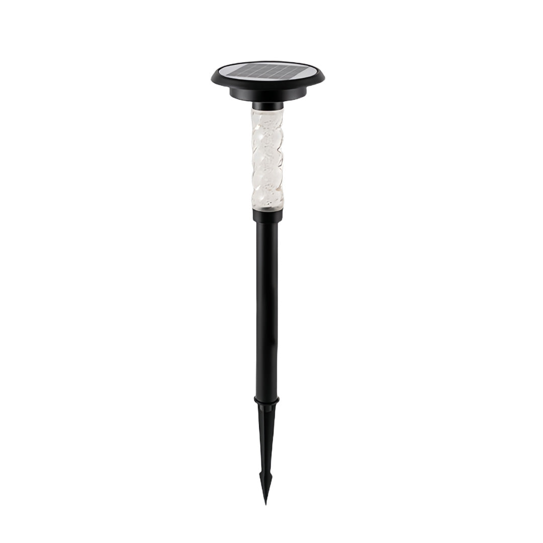 Solar outdoor path lighting spike model with slim black body and round top designed for garden installation.