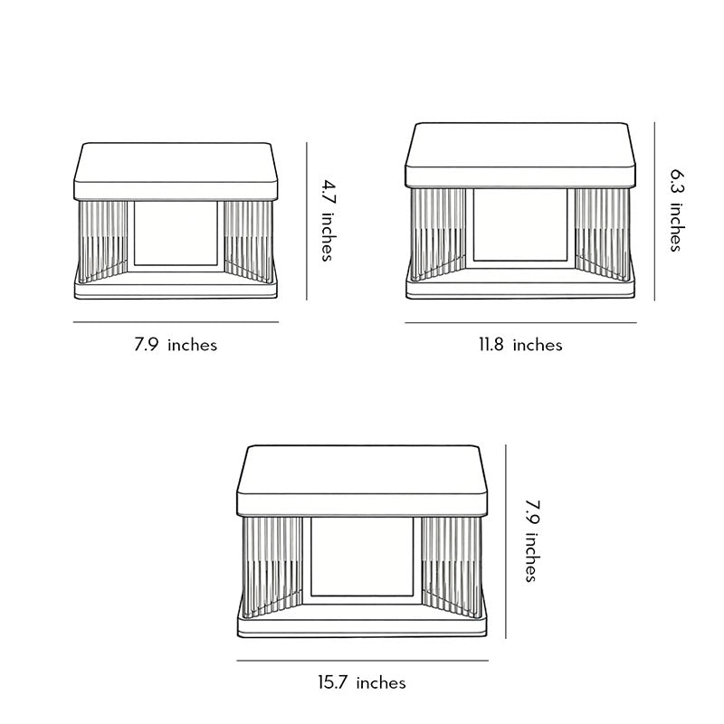 Technical diagram showing dimensions and structure of solar pillar lights models.