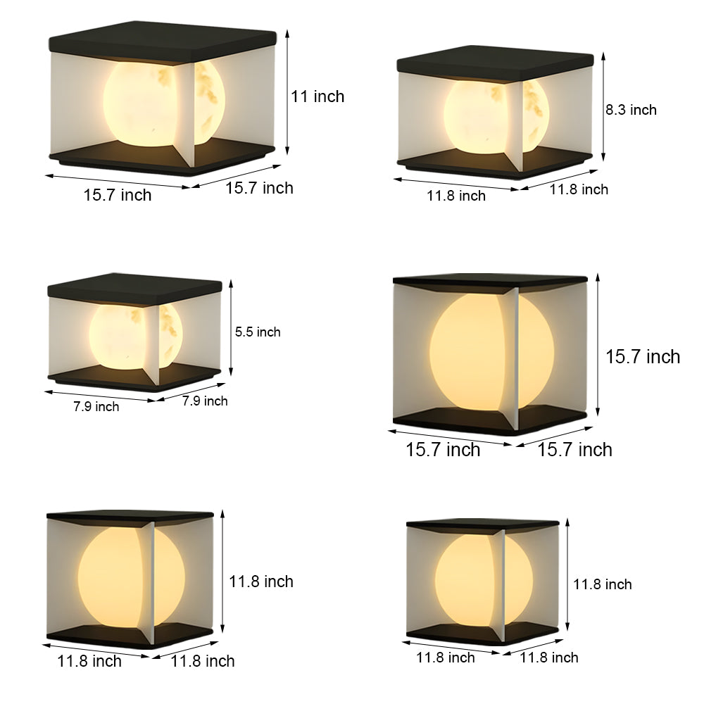 Technical specification chart showing various sizes of solar post cap lighting fixtures