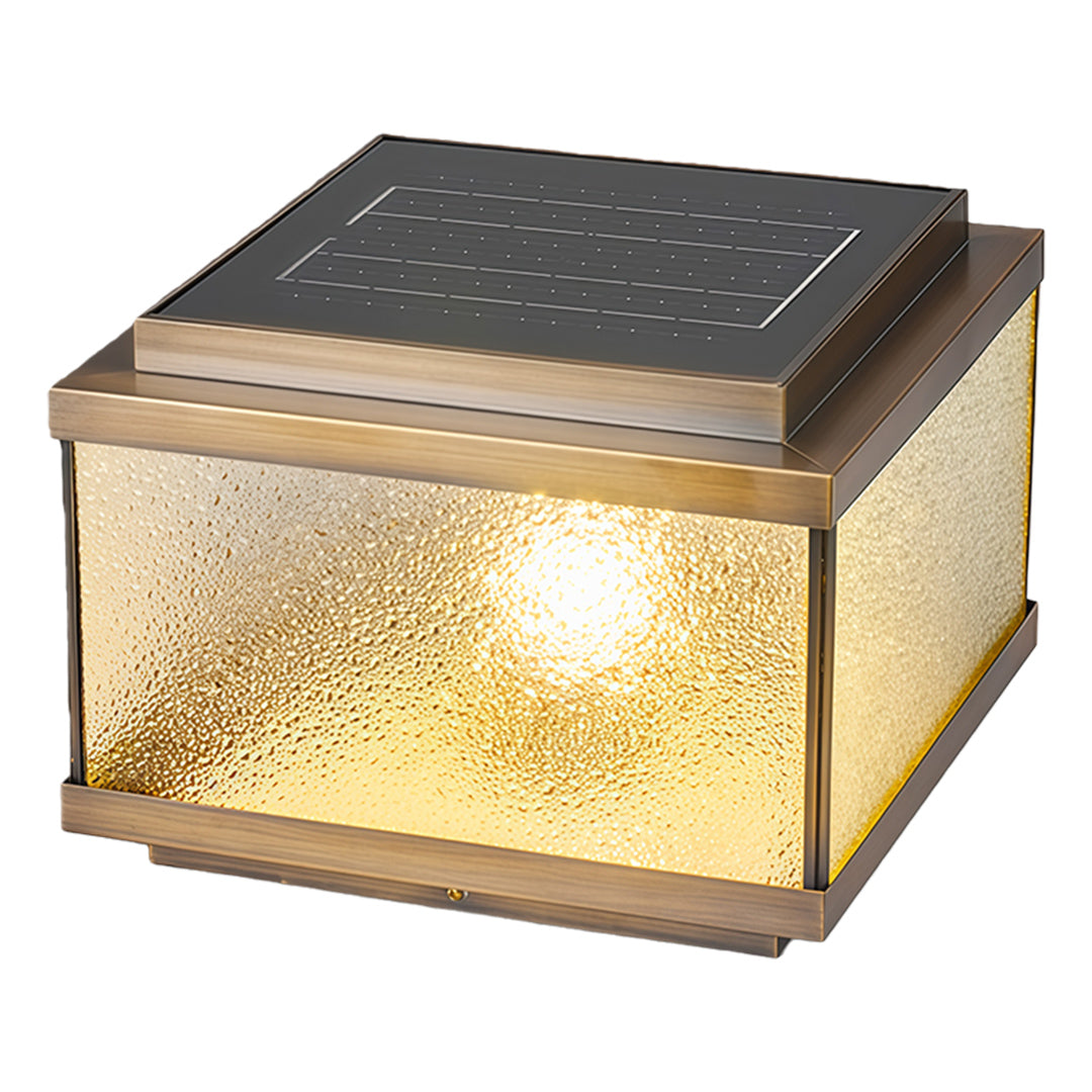 Contemporary square garden pillar light with bubble glass and solar-powered dark metal cap.