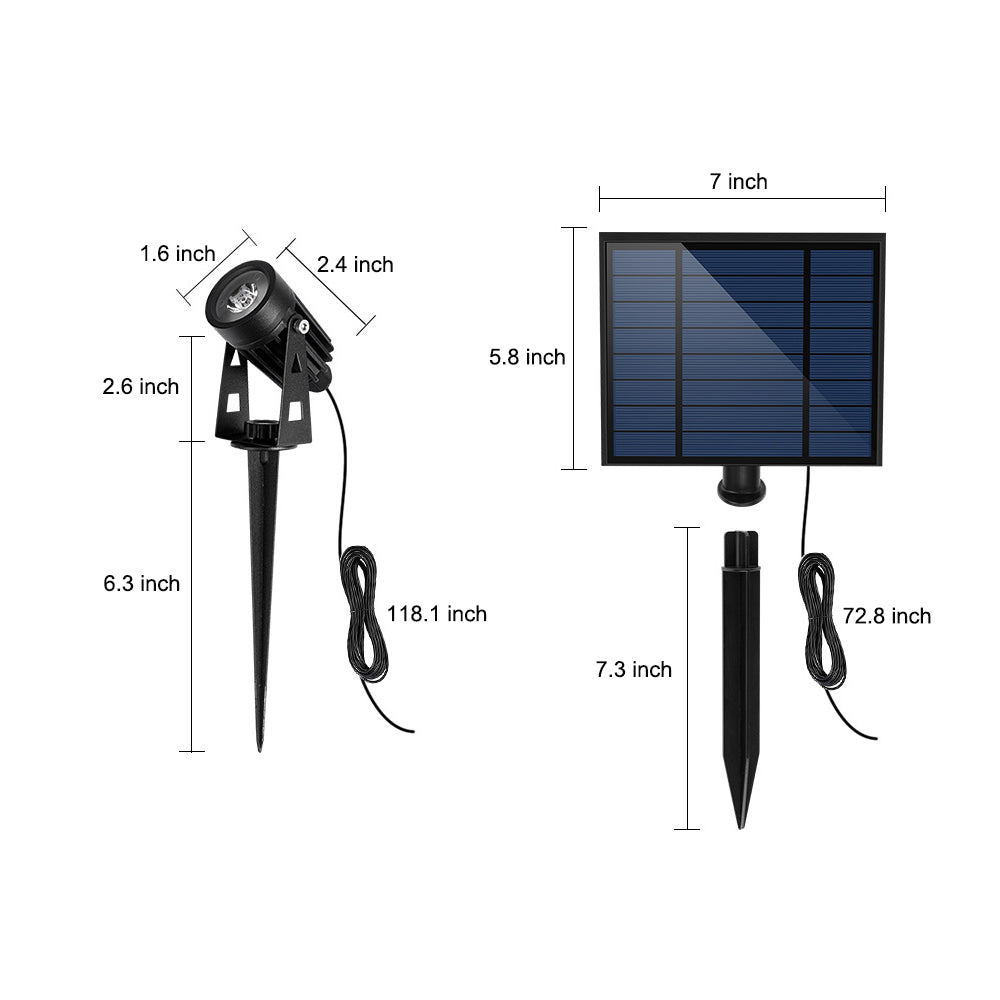 Solar powered landscape spotlight size and dimension diagram