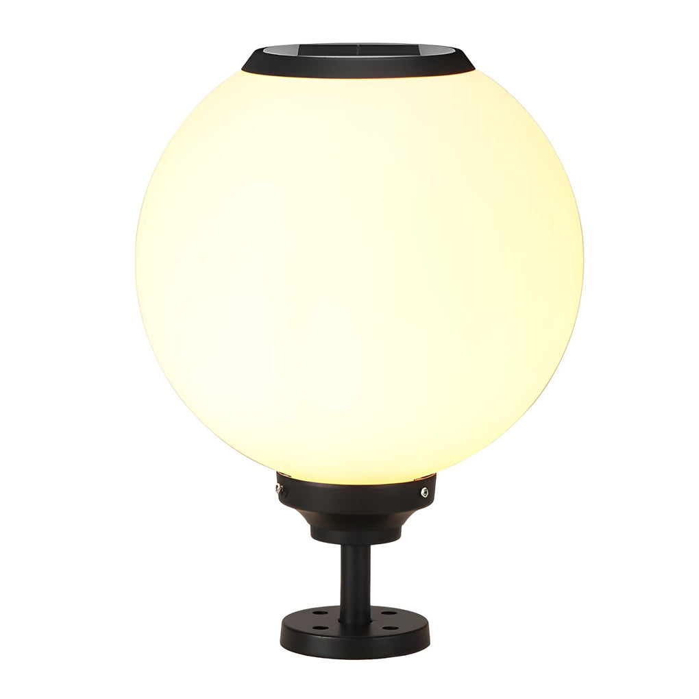 Solar-powered outdoor gate pillar light with a spherical design, featuring a solar panel for eco-friendly lighting.