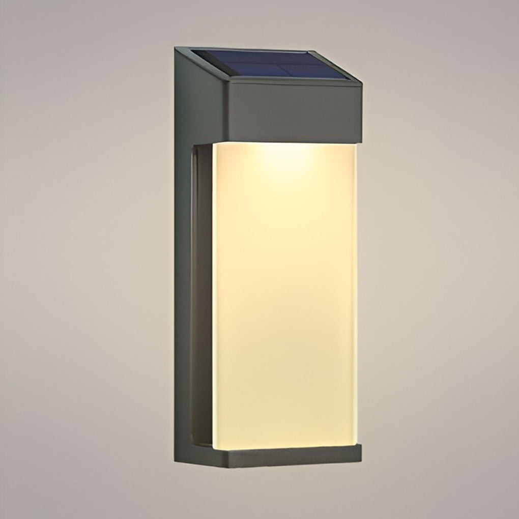 Solar powered outdoor sconces with black frame and bright light on plain background.
