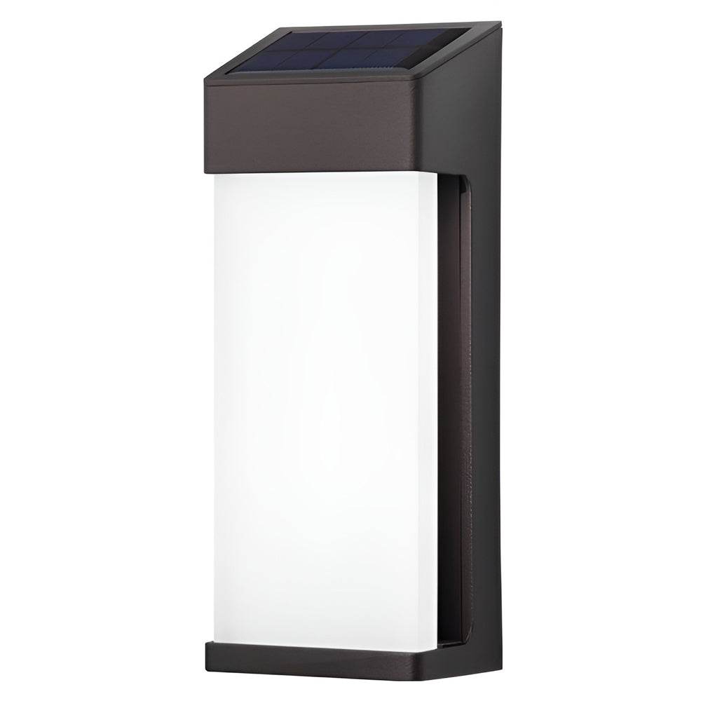 Solar powered outdoor sconces with black frame and dimension details for installation.