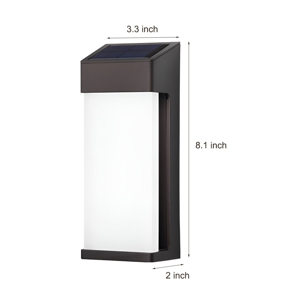 Solar powered outdoor sconces with black frame and side view showing light diffusion.