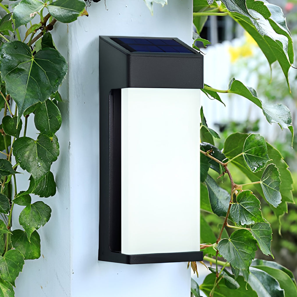 Solar powered outdoor sconces with black frame and soft lighting surrounded by green climbing plants.