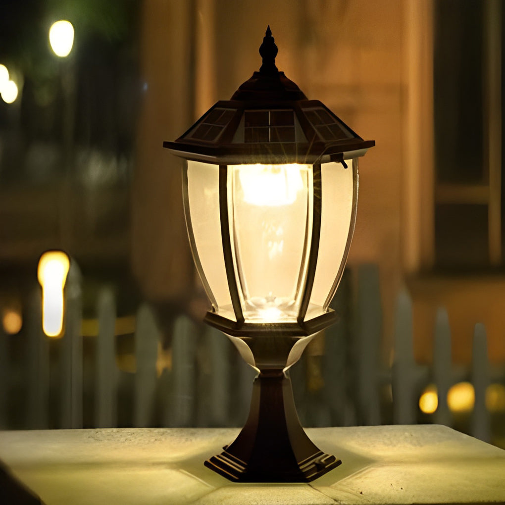 Solar powered pillar lights enhancing a modern outdoor space with classic design.