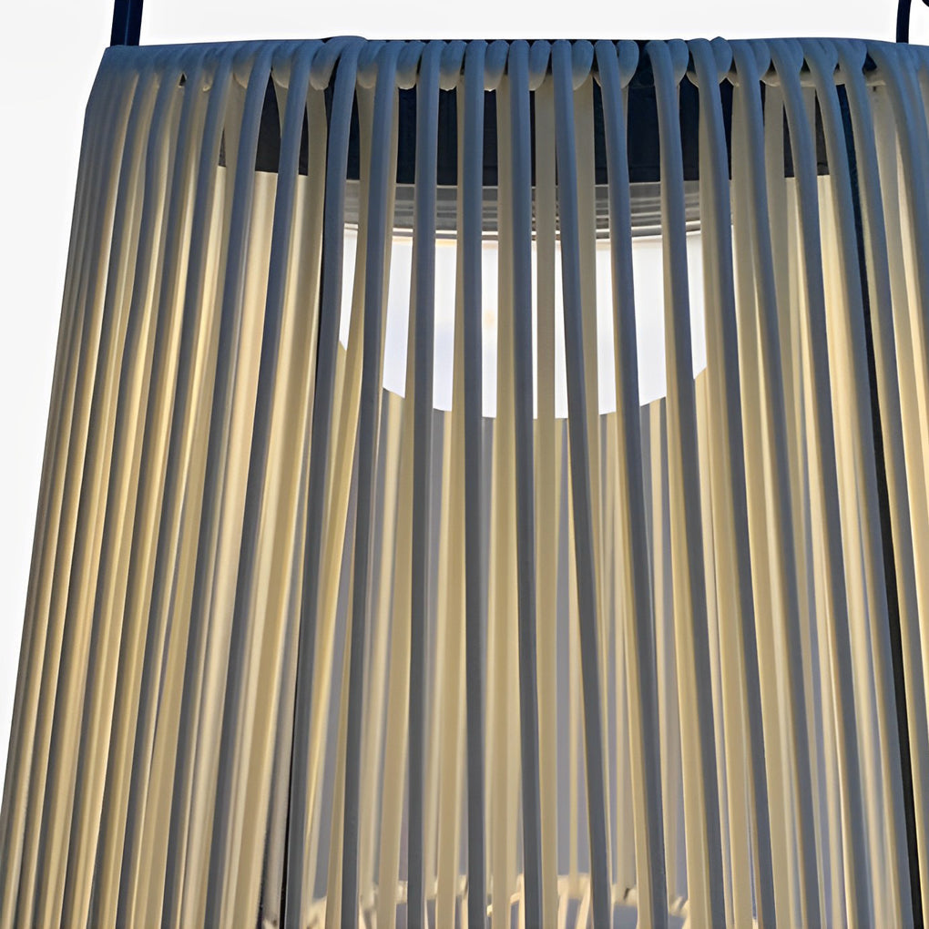 Detailed view of woven rope shade texture on a solar powered outdoor lantern.