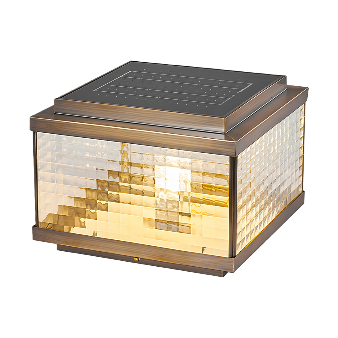 Modern pillar cap light featuring tiered glass panels with solar top for energy-efficient pathway lighting.
