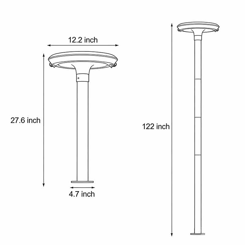 Technical diagram showing dimensions and structure of solar UFO street light models.