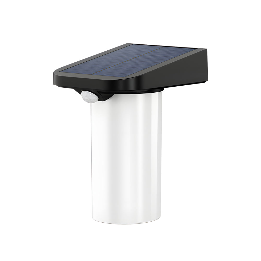 Solar wall lamp with motion sensor providing ambient light in a garden.