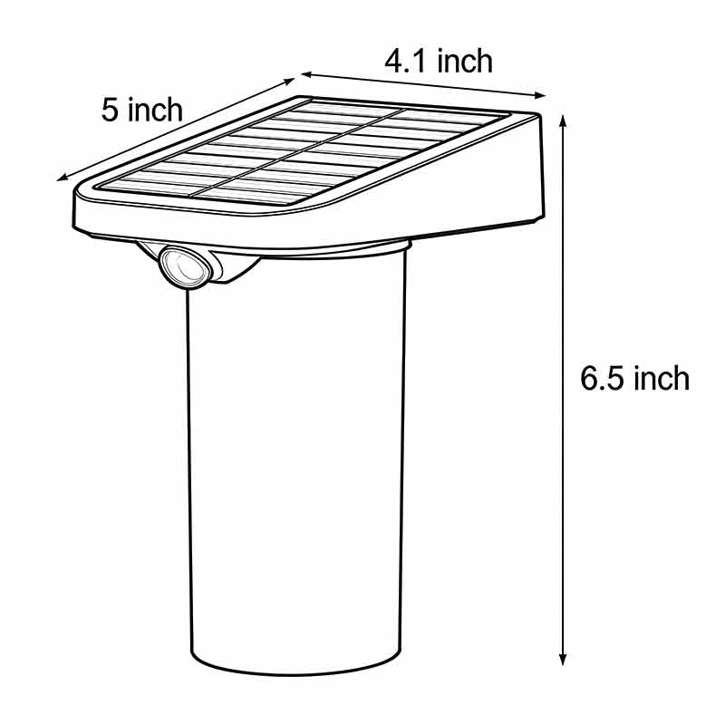 Technical diagram of solar wall lamp with motion sensor showing dimensions and installation details.