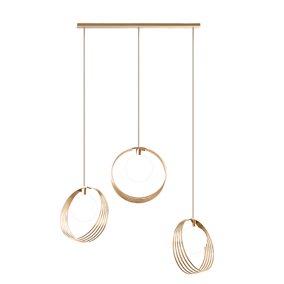 Sophisticated 3 bulb pendant light with varied shade sizes creating dynamic lighting composition