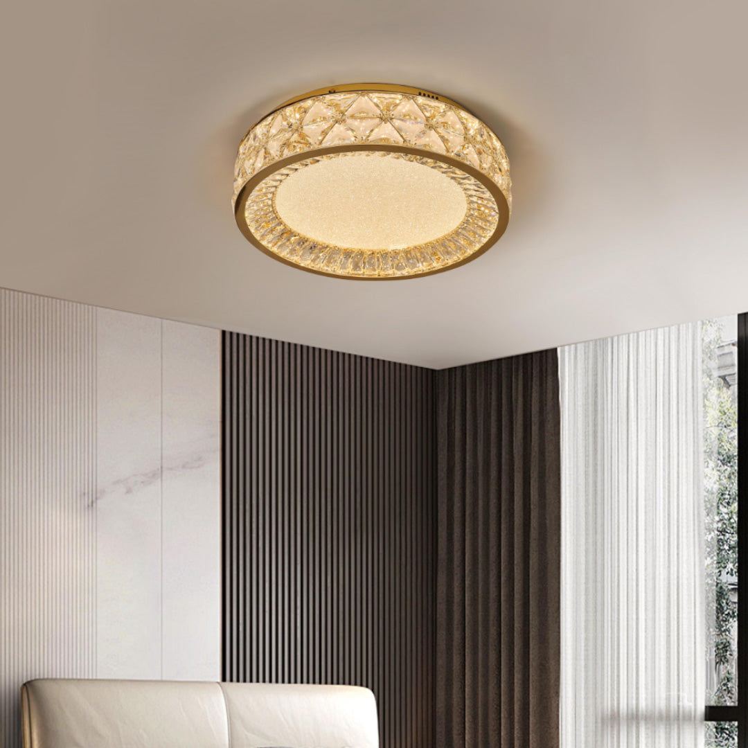 Sophisticated decorative flush mount ceiling lights with glass shade chandelier influence illuminating modern bedroom with warm ambient glow.