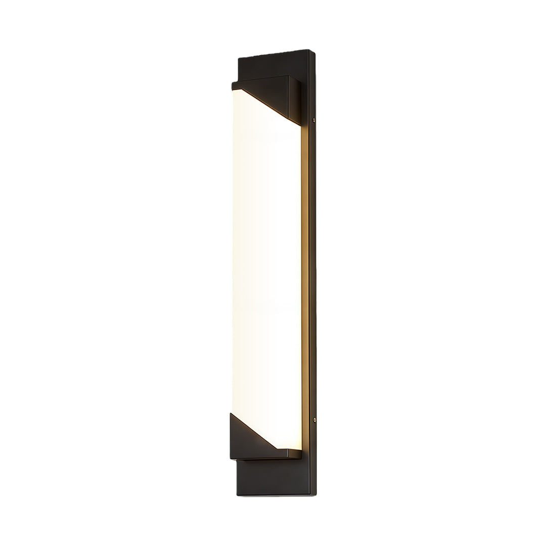 Sophisticated linear wall light outdoor with glass shade chandelier influence in elongated vertical design with warm white glow.