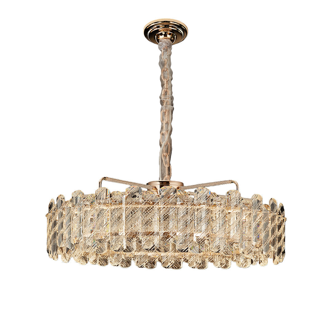 Sophisticated Nordic chandelier featuring glass shade chandelier influence in drum shape with textured geometric crystal pattern.