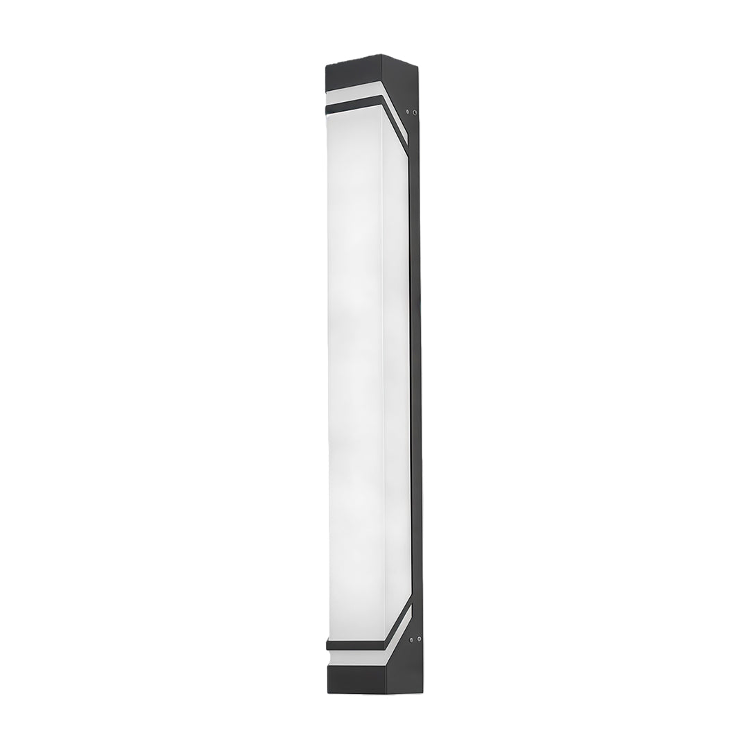 Sophisticated wall mounted exterior lights with glass shade chandelier influence in angled profile with bright white glow.