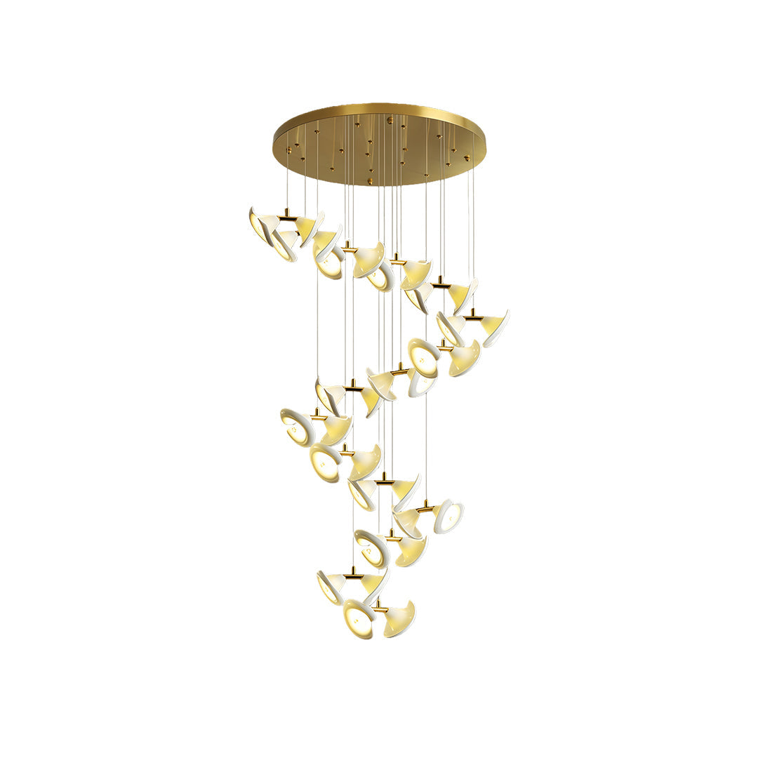 Spiral brass ceramic chandeliers with soft warm LED lighting.