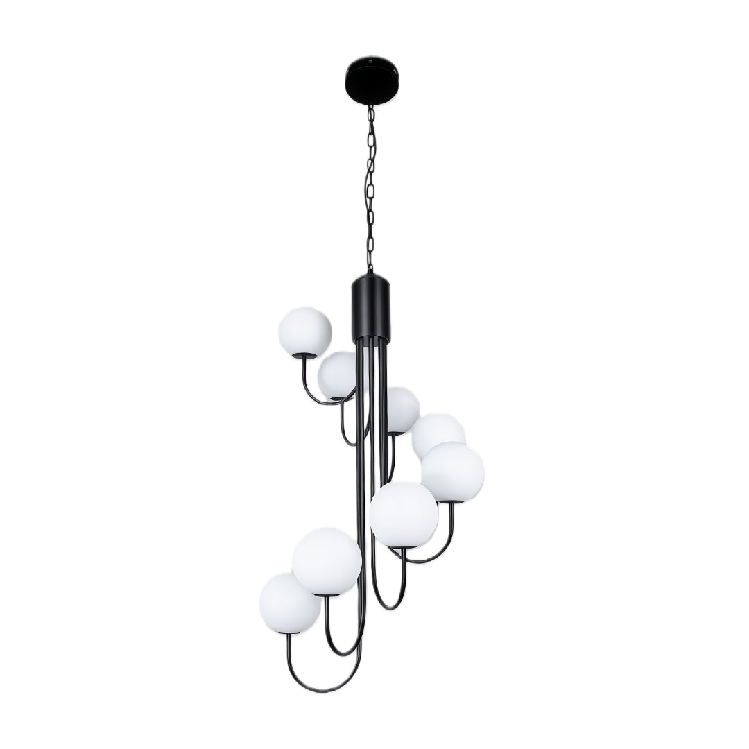 Size chart displaying two models of spiral globe chandeliers in black and gold finishes.