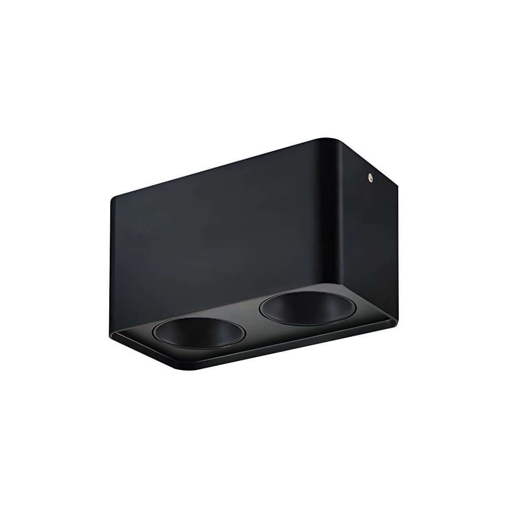 Spotlight LED square with a close-up of its white and black light heads.