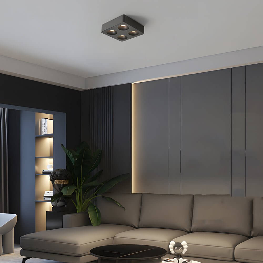 Spotlight LED square with a modern design, enhancing a minimalist bedroom.