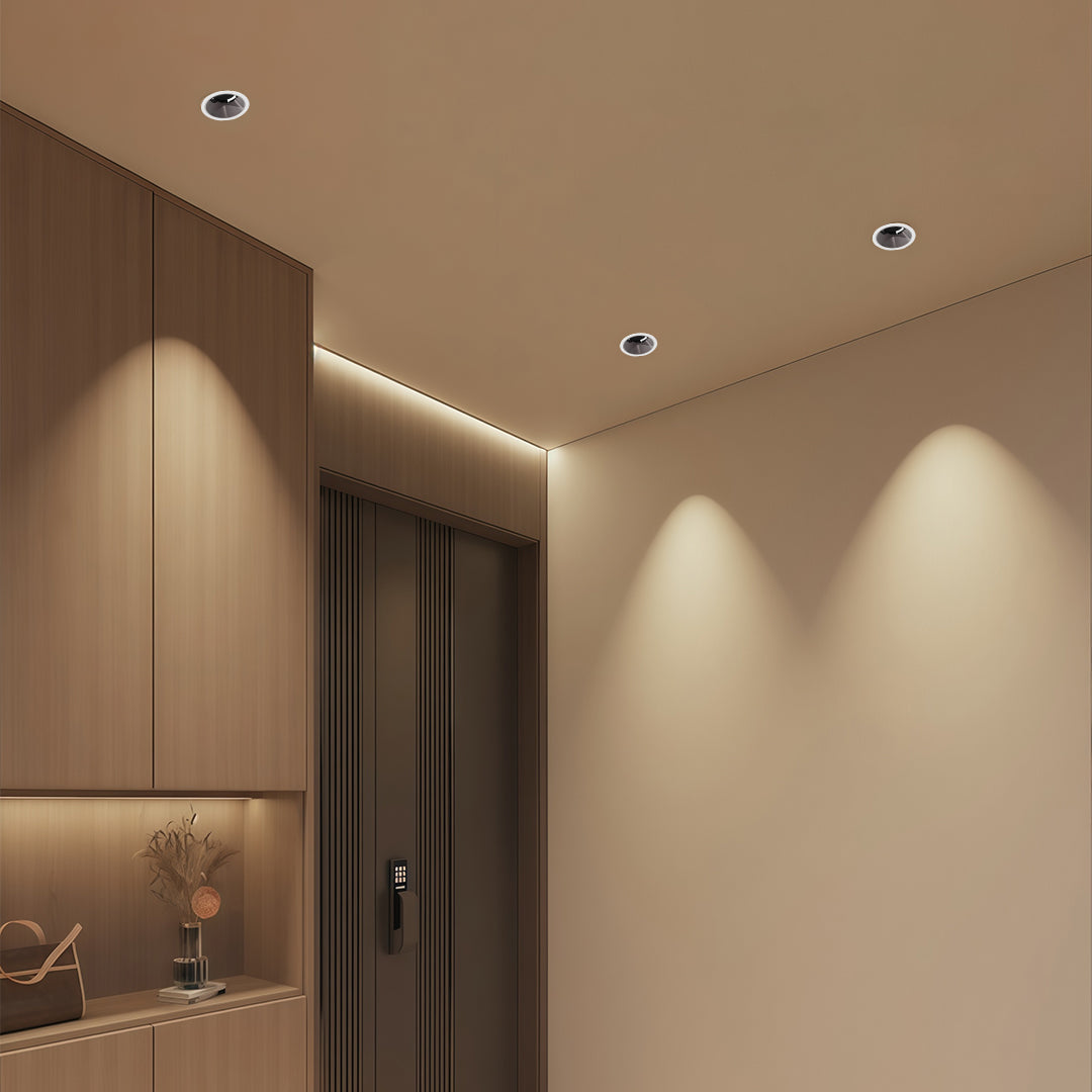 Spotlights for house creating warm ambient lighting in brown-toned hallway with wood door