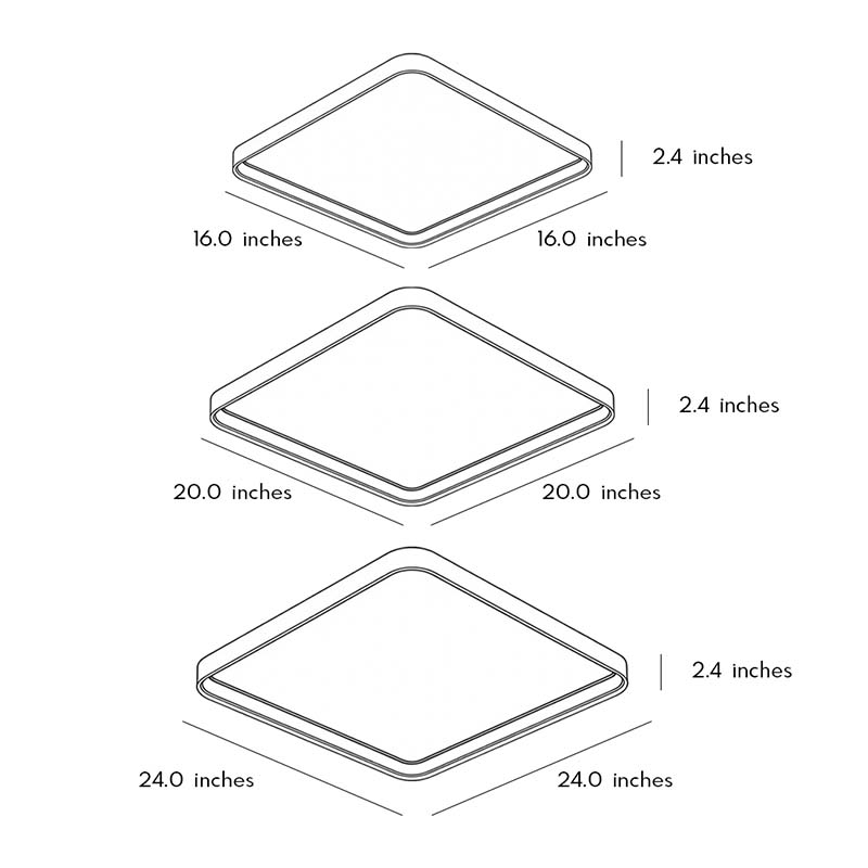 Square flush mount ceiling light dimension drawing with size options.