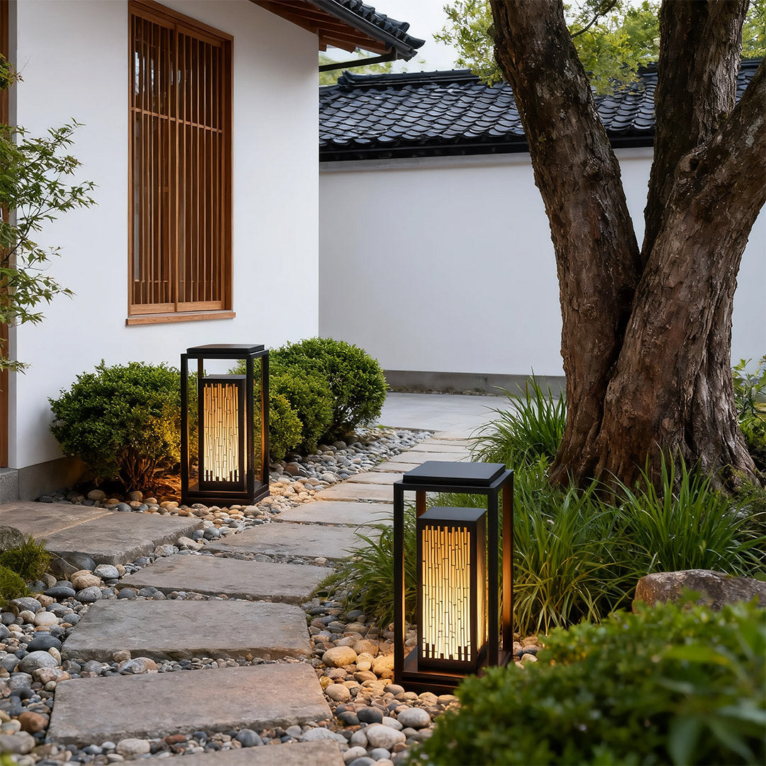 Light up your outdoor spaces with a square outdoor lantern featuring a striated inner diffuser for soft, ambient illumination and modern style.