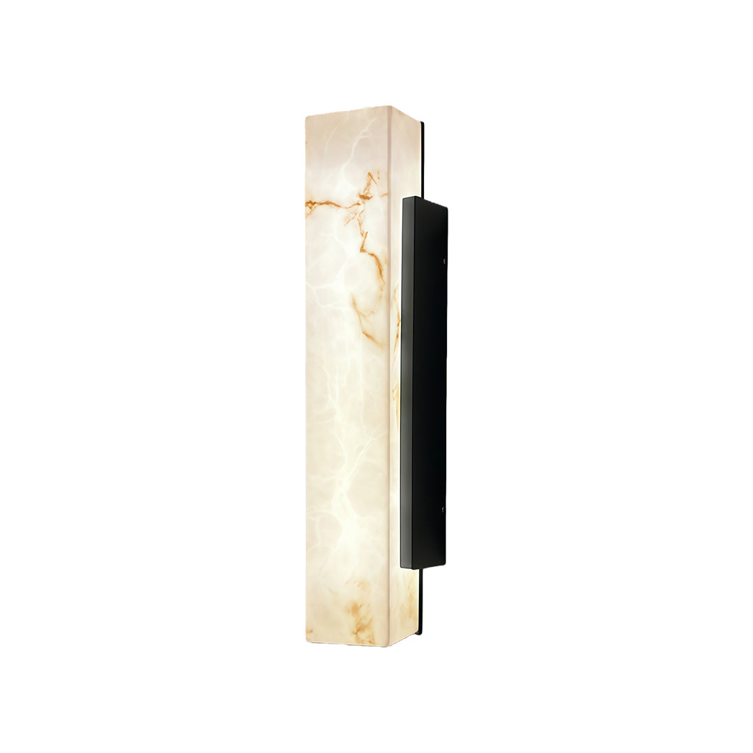 Square outdoor wall lights with a detailed view of the marble surface and black mounting.