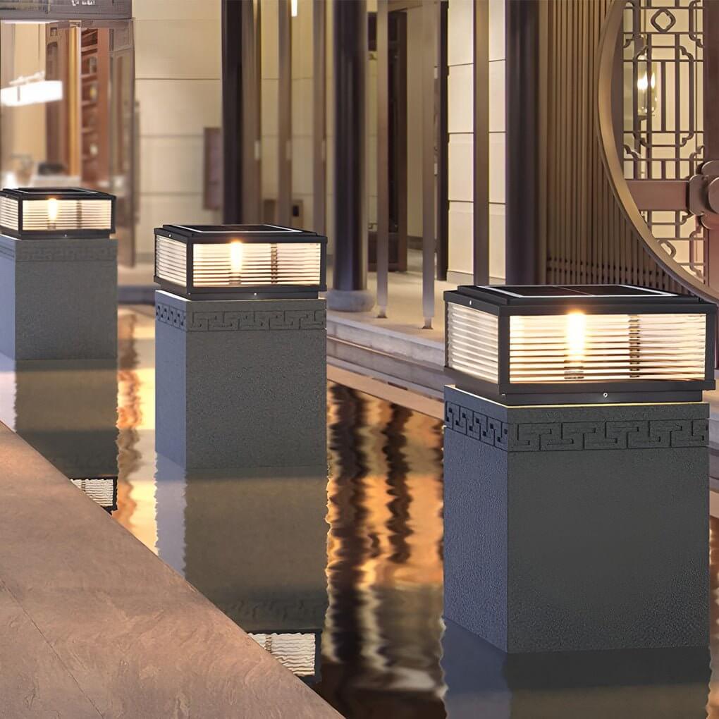 Square pillar light ribbed glass outdoor metal light combines elegant ribbed glass with sturdy metal for long-lasting outdoor use.