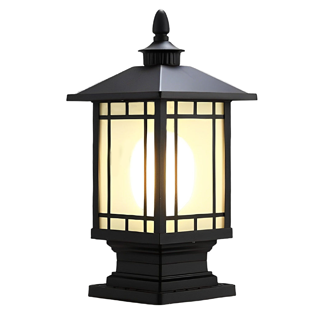 Classic square street light pillar with clear glass panels on white background.