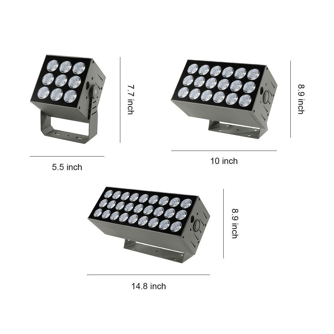 Outdoor square wall wash light with multiple LED lenses in black aluminum housing.