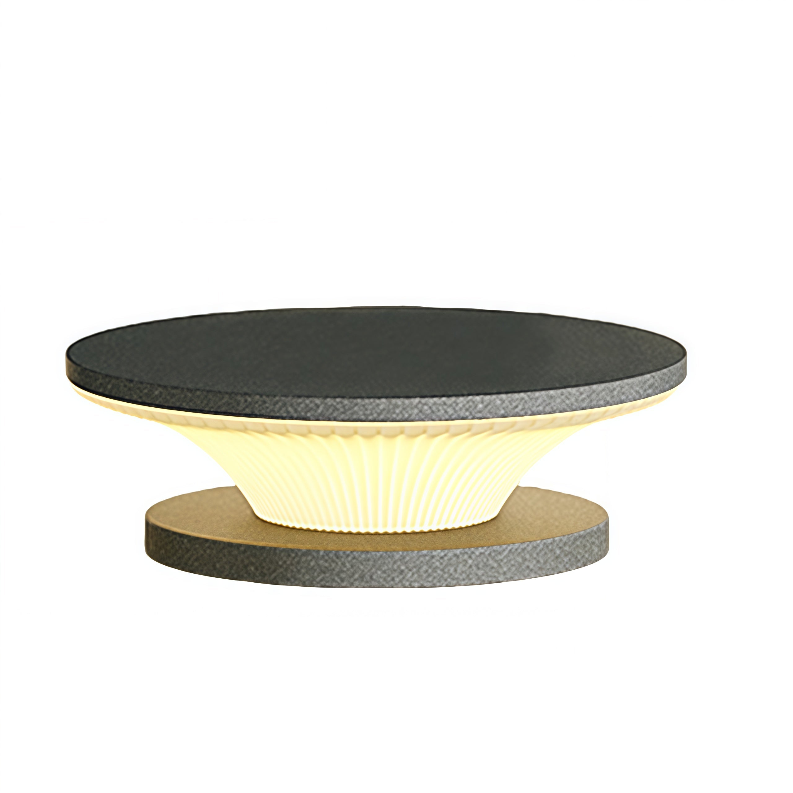 Stacked disc-style USB rechargeable table lamp with contemporary patio pillar design on isolated background