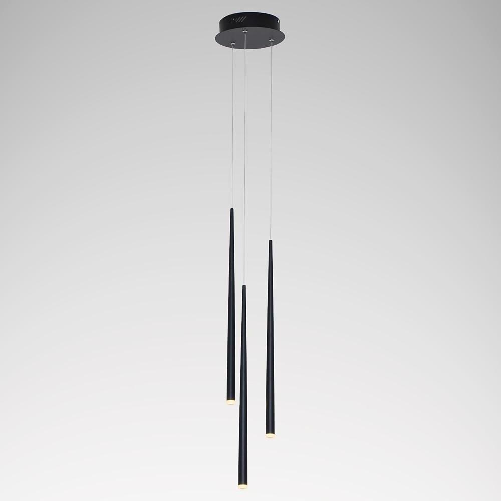 Trio of staggered black multi head pendant lights with a round canopy on a greyish background.
