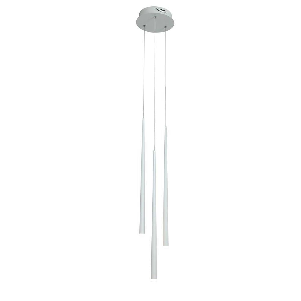 Staggered trio of white multi head pendant lights with a round white canopy on white backdrop.