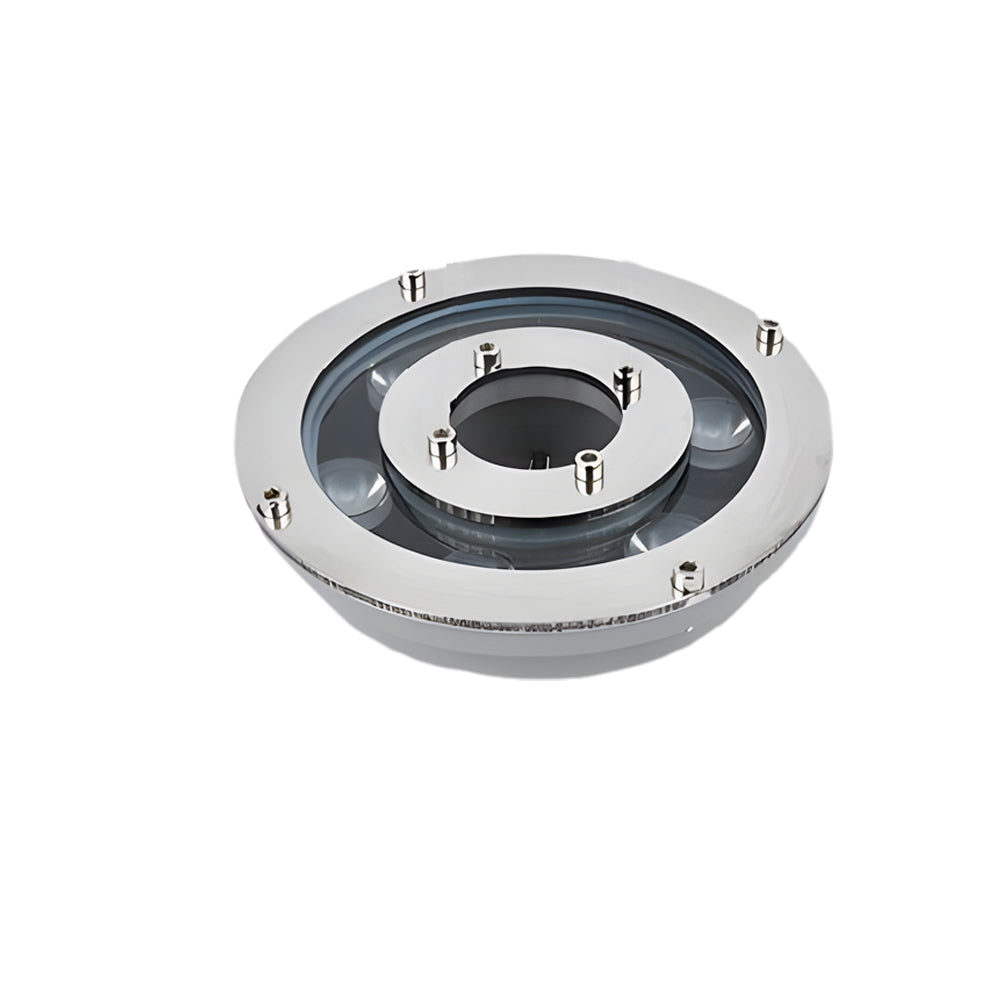 Stainless steel circular LED fountain light fixture with waterproof housing and multiple LED bulbs