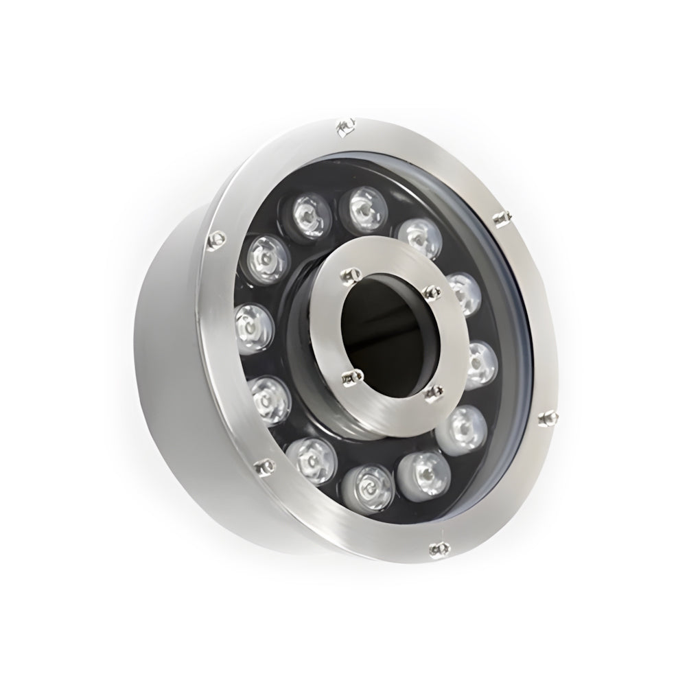 Stainless steel water fountain light with 12 LED bulbs, side view showing durable construction for outdoor installations.