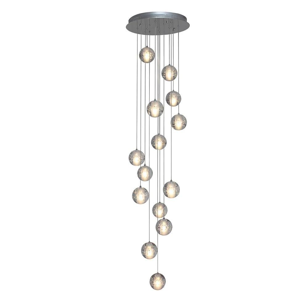 Staircase hanging chandelier in chrome, side view of the cascading design.