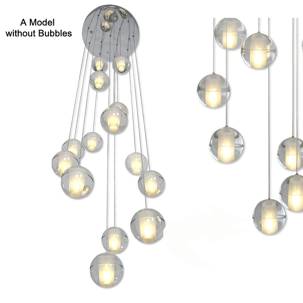 Staircase hanging chandelier with a close-up of the spherical glass bubbles.