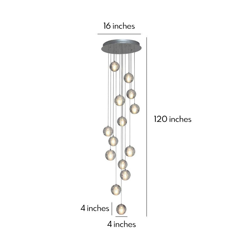Staircase hanging chandelier dimensions, front view with size specifications.