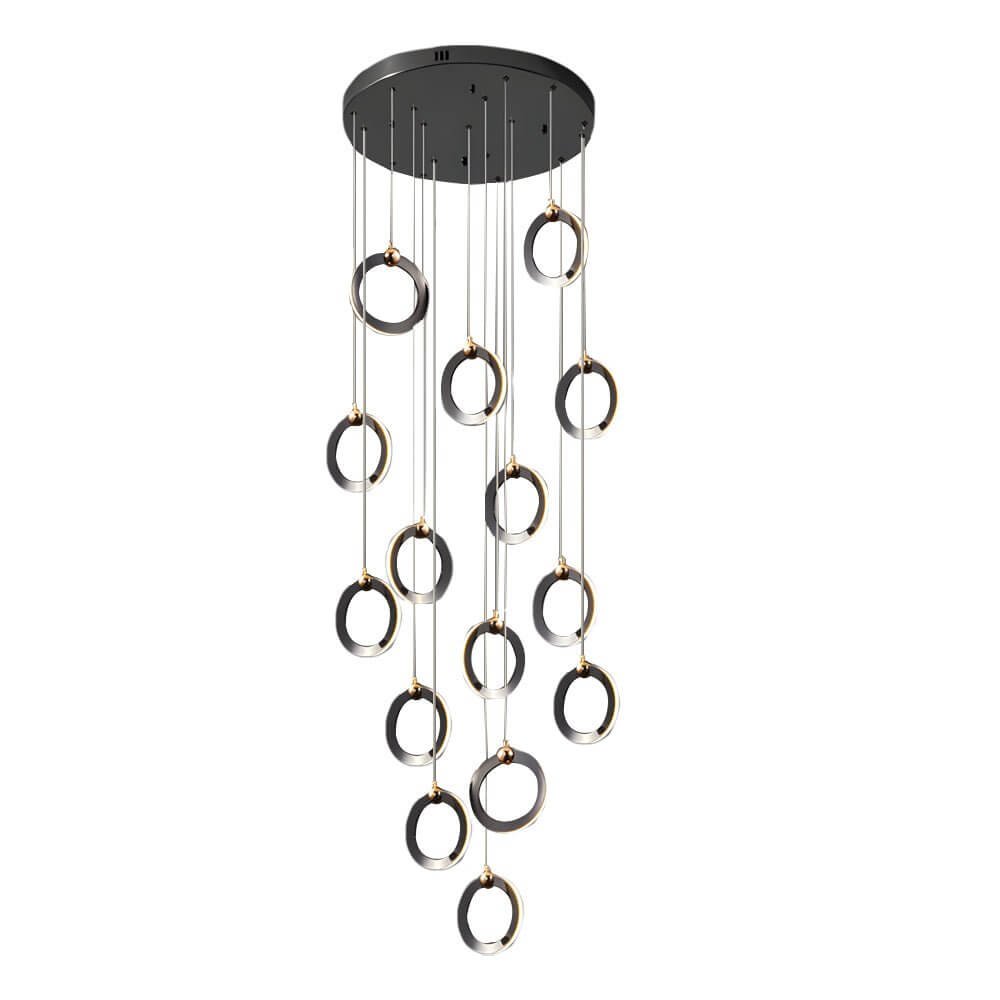 Staircase lighting chandelier with a close-up of its cascading rings and illumination.