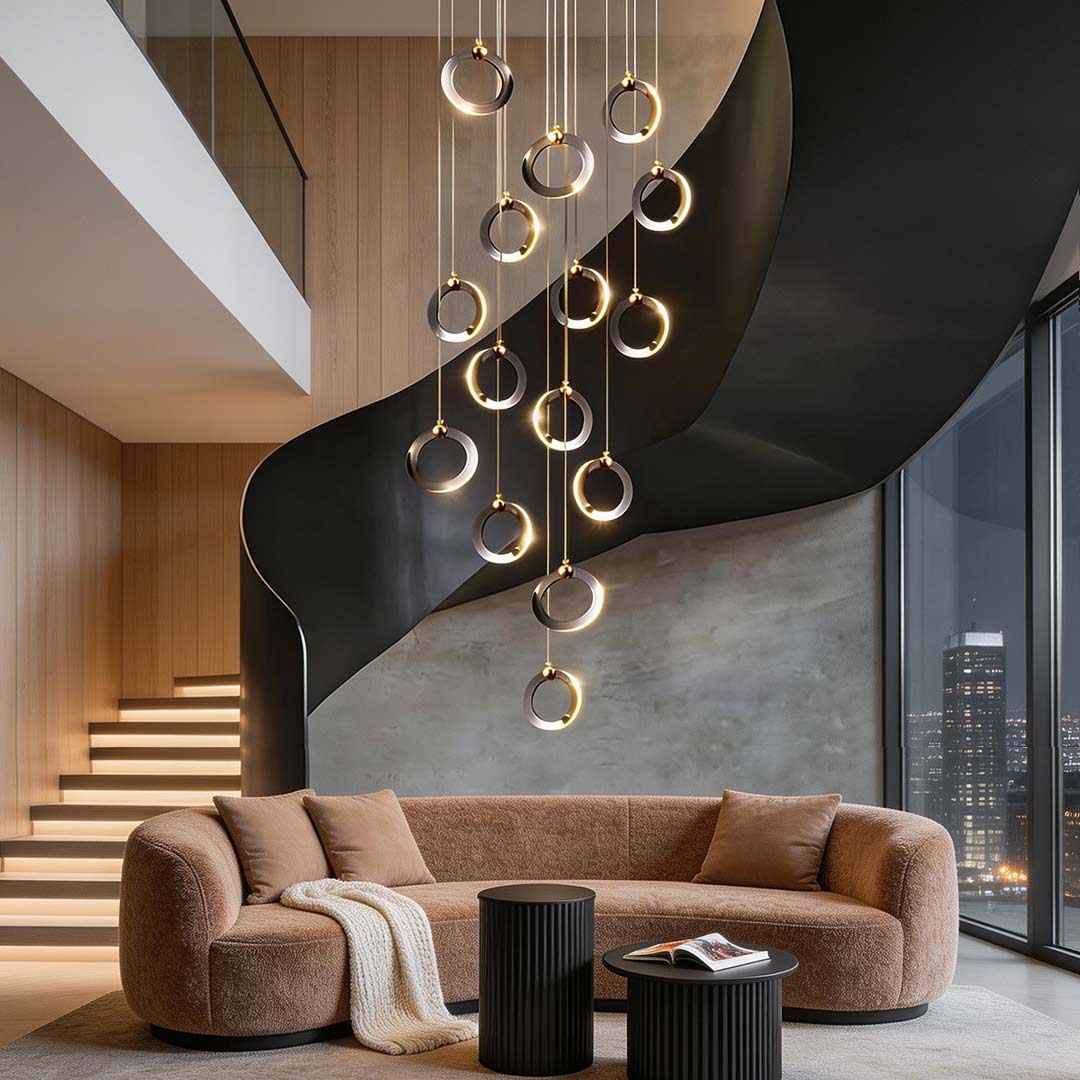 Staircase lighting chandelier with a close-up of its elegant ring design above a staircase.