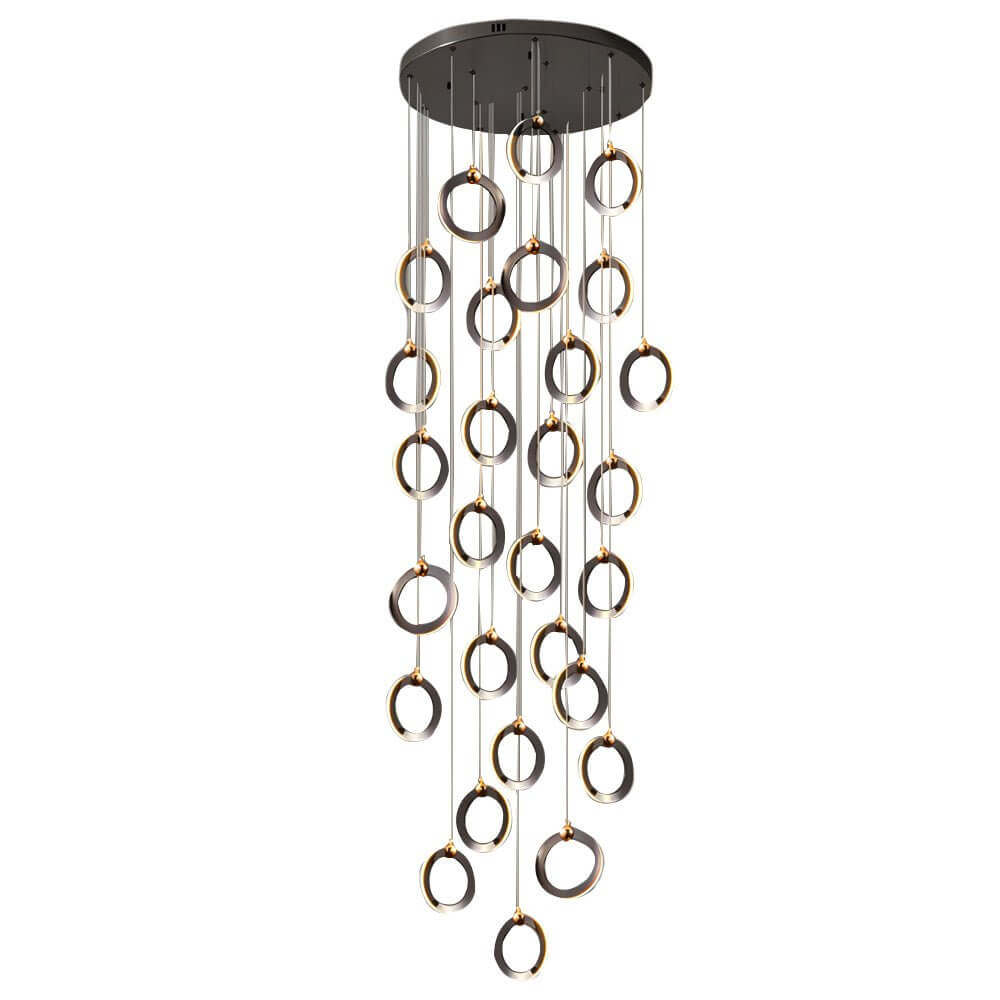 Staircase lighting chandelier with a close-up of its ring and light structure.