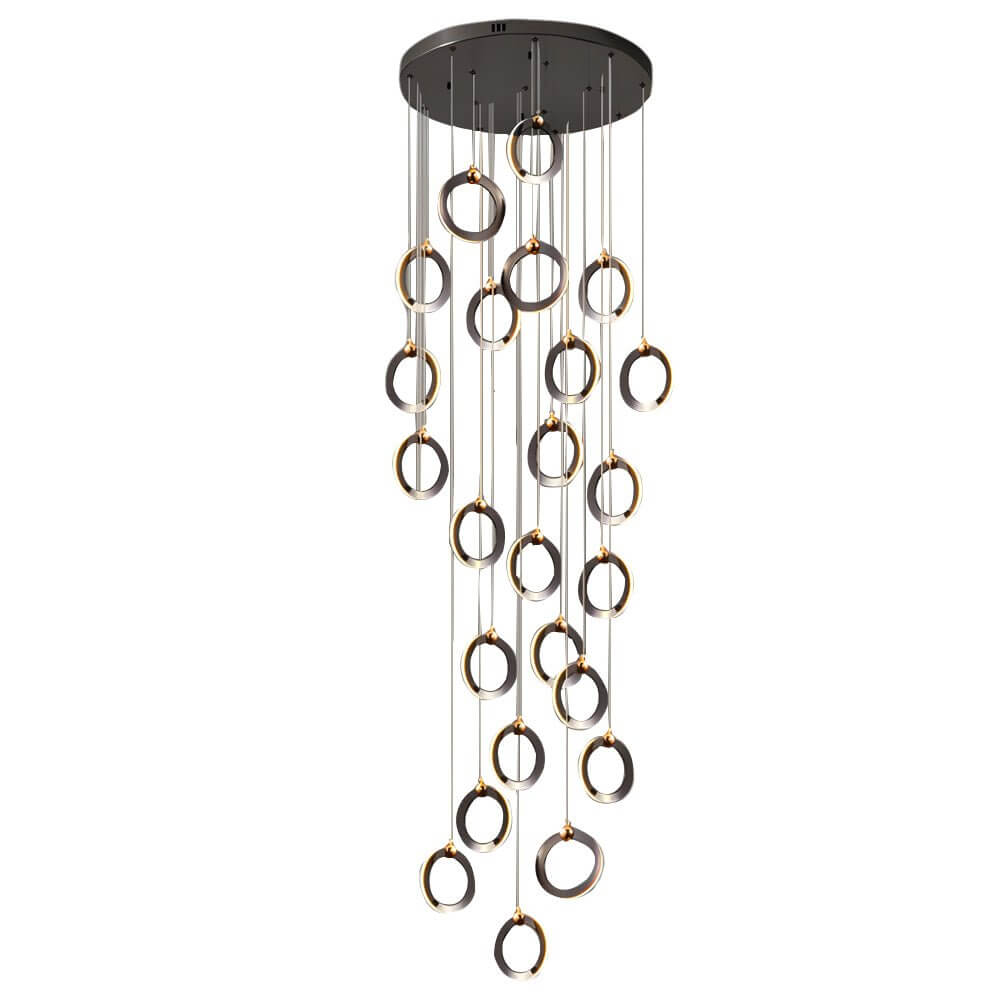 Staircase lighting chandelier with a modern design, illuminating a luxurious interior.