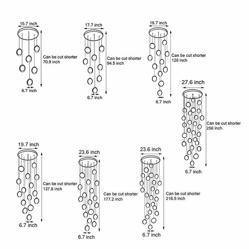 Technical diagram showing dimensions and structure of staircase lighting chandelier models.