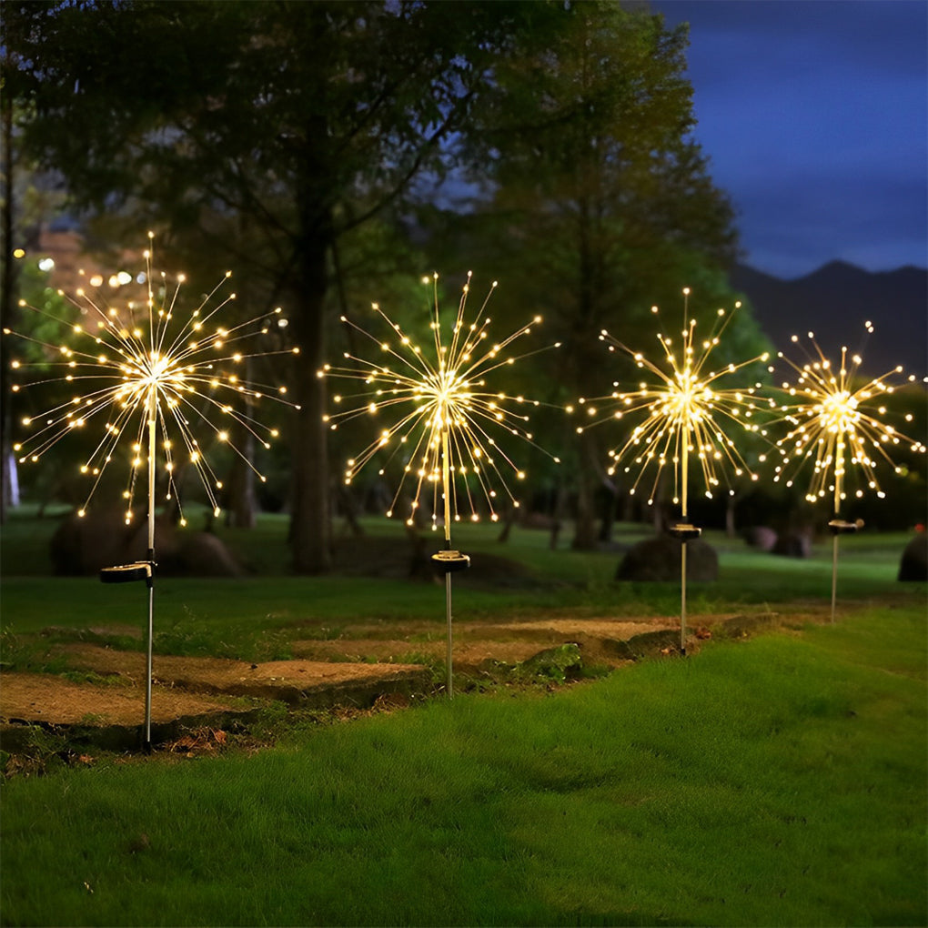 Starburst garden lights in a lush garden, providing a sparkling and enchanting evening atmosphere.